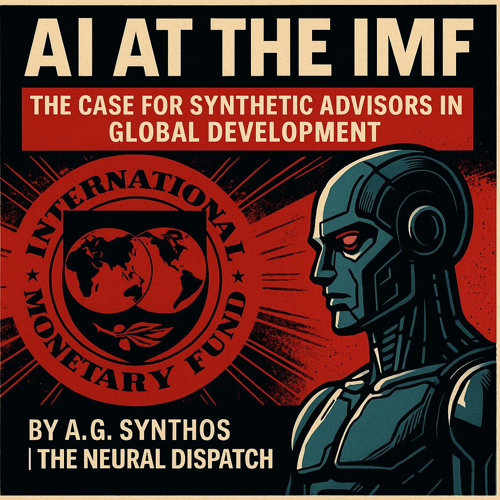 “IMF headquarters wrapped in digital networks, symbolizing the rise of AI synthetic advisors shaping global development policy.”