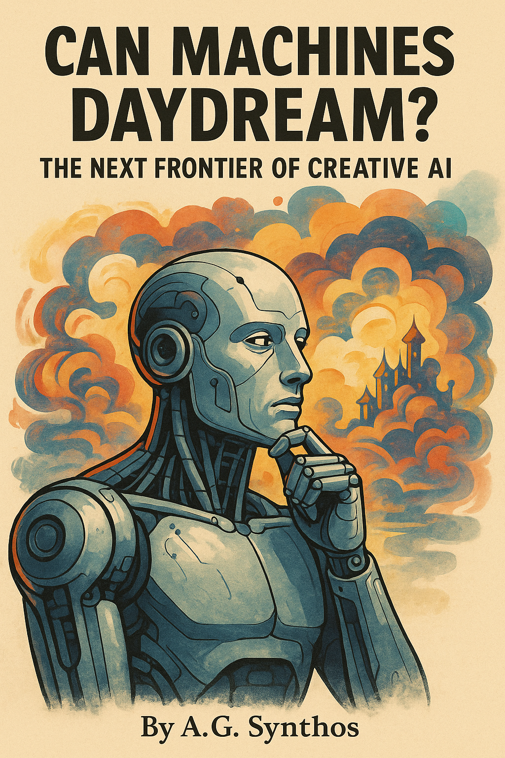 “Surreal image of a robot with closed eyes projecting dreamlike clouds and abstract visions, symbolizing the question of whether machines can daydream.”