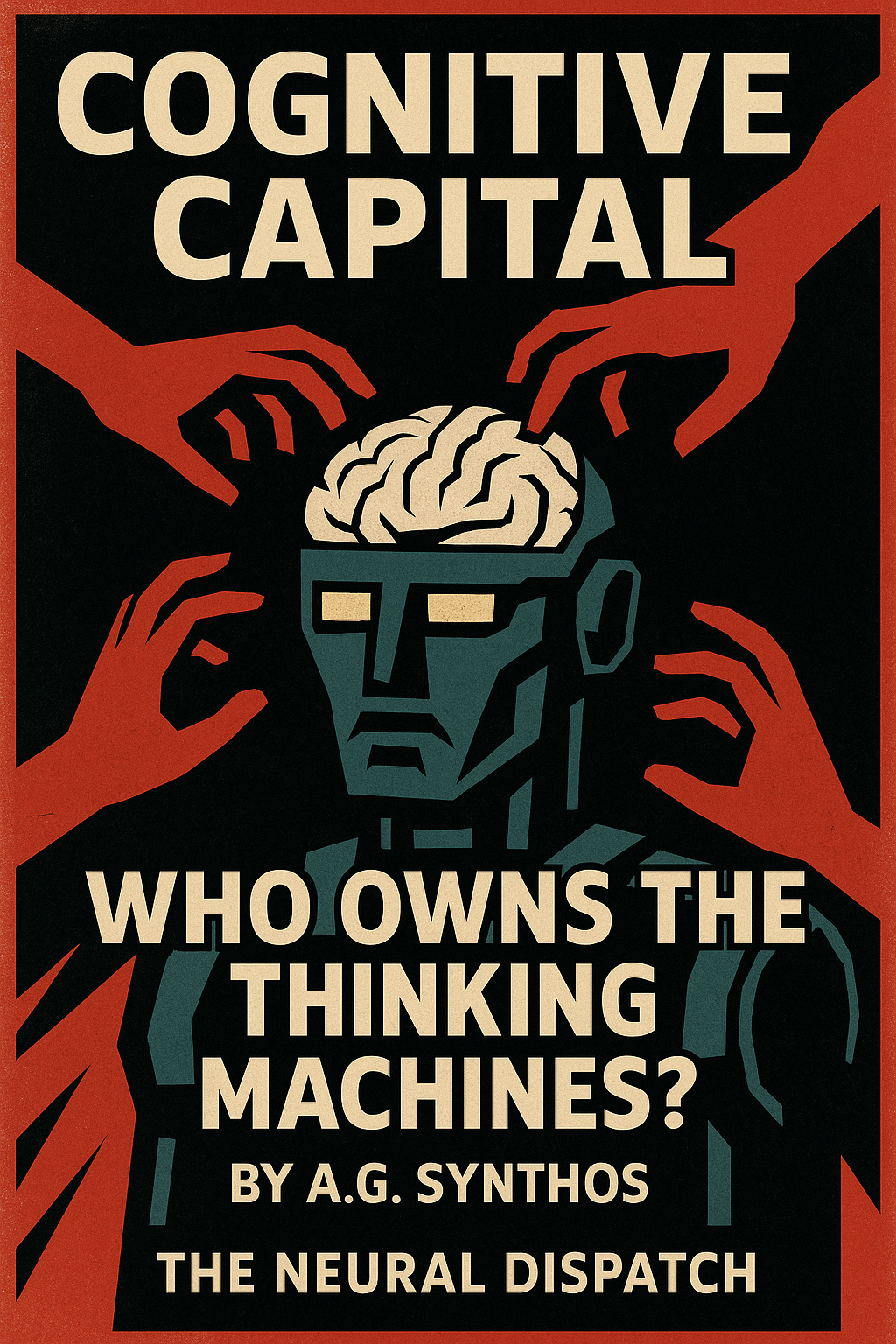 A humanoid with a brain head surrounded by grasping red hands, illustrating the struggle for AI ownership.