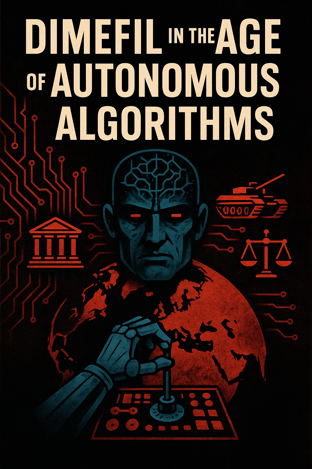 “Diagram-like illustration of the DIMEFIL framework—diplomatic, informational, military, economic, financial, intelligence, law—interwoven with autonomous algorithms.”