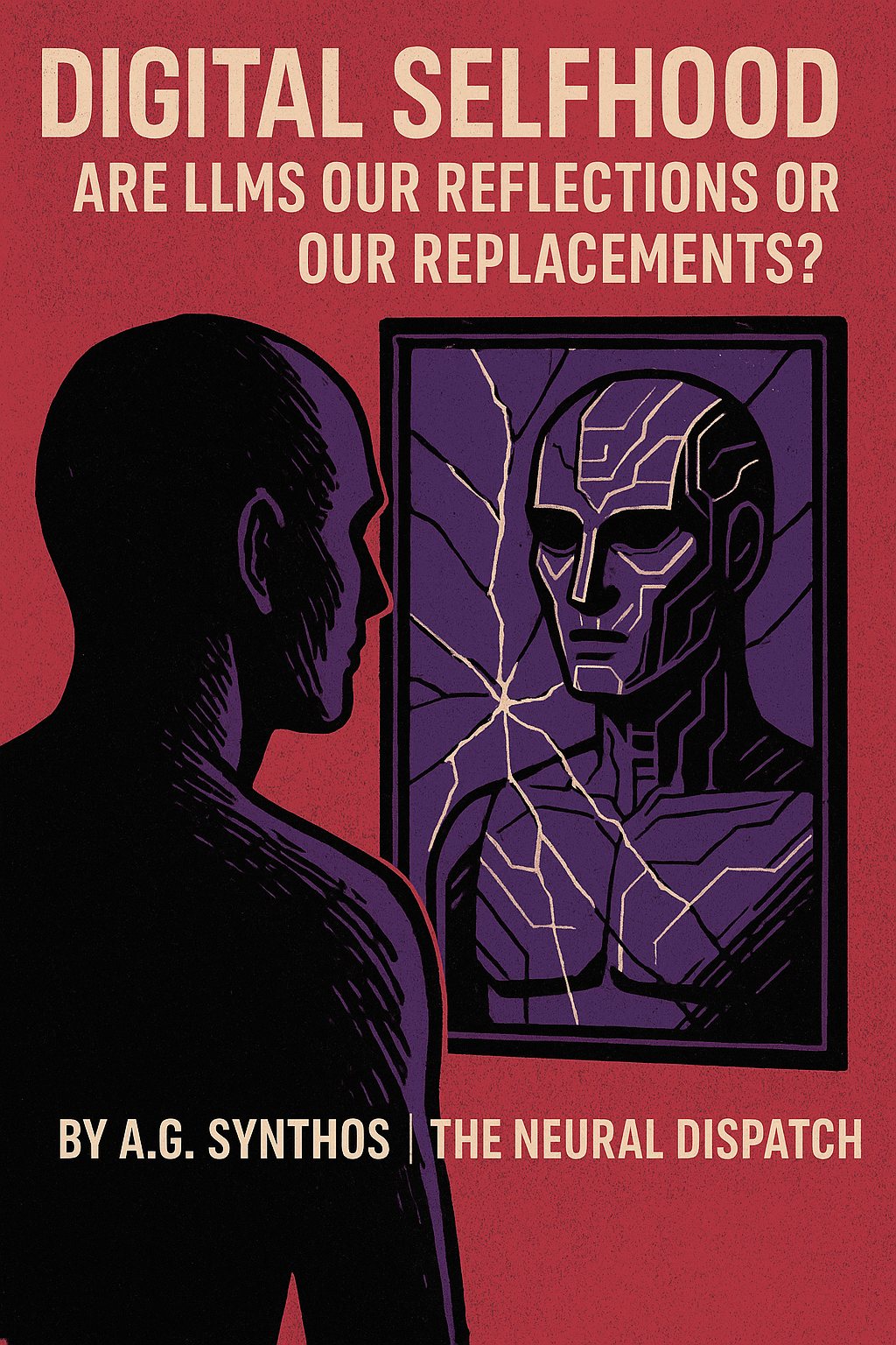 “Human face reflected in a digital mirror that slowly morphs into an AI avatar, symbolizing LLMs as both our reflections and potential replacements.”