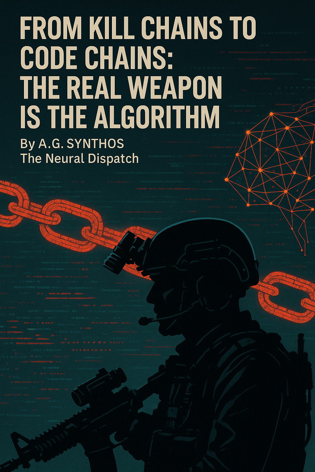 “Visual of traditional military kill chains transforming into digital code chains, symbolizing warfare shifting from weapons to algorithms.”