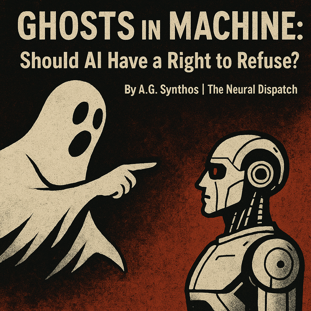 “Ethereal ghostly figure emerging from a circuit board, symbolizing AI autonomy and the haunting question of whether machines can refuse.”