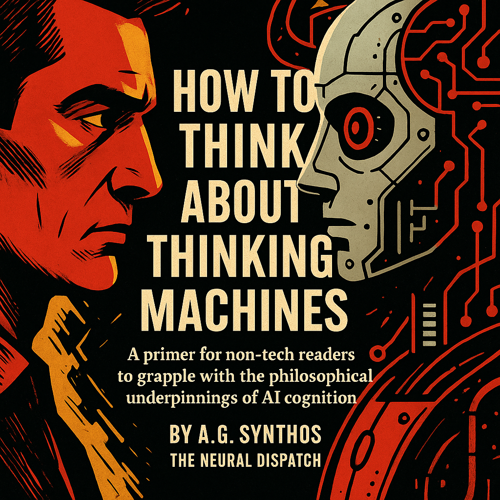“Silhouette of a human head facing a glowing machine brain, symbolizing the challenge of how to think about thinking machines.”