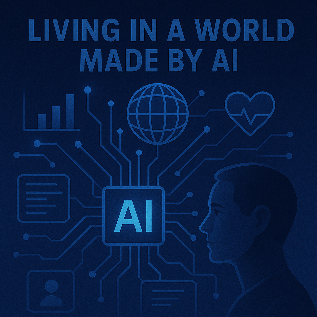 “Futuristic cityscape shaped by AI, blending synthetic architecture, glowing networks, and human figures navigating a world built by machines.”