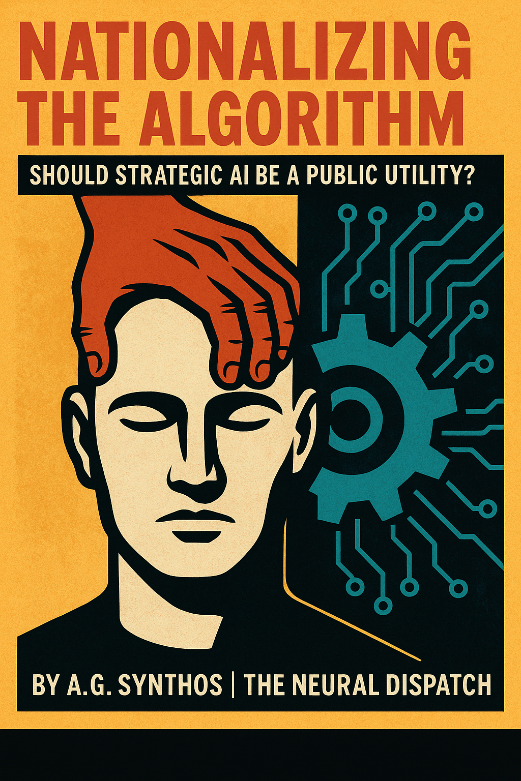 “Capitol building wired into glowing circuits, symbolizing the debate over nationalizing strategic AI as a public utility.”