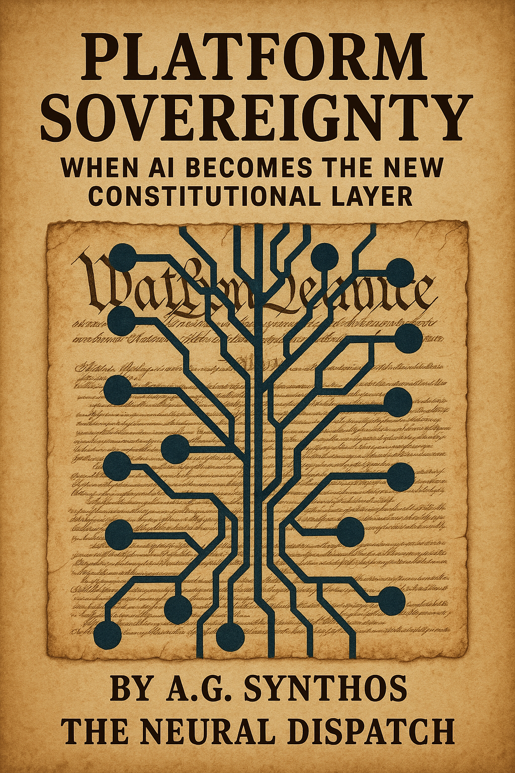 Illustration of a parchment constitution merging with a glowing neural network, symbolizing AI as a new constitutional layer.