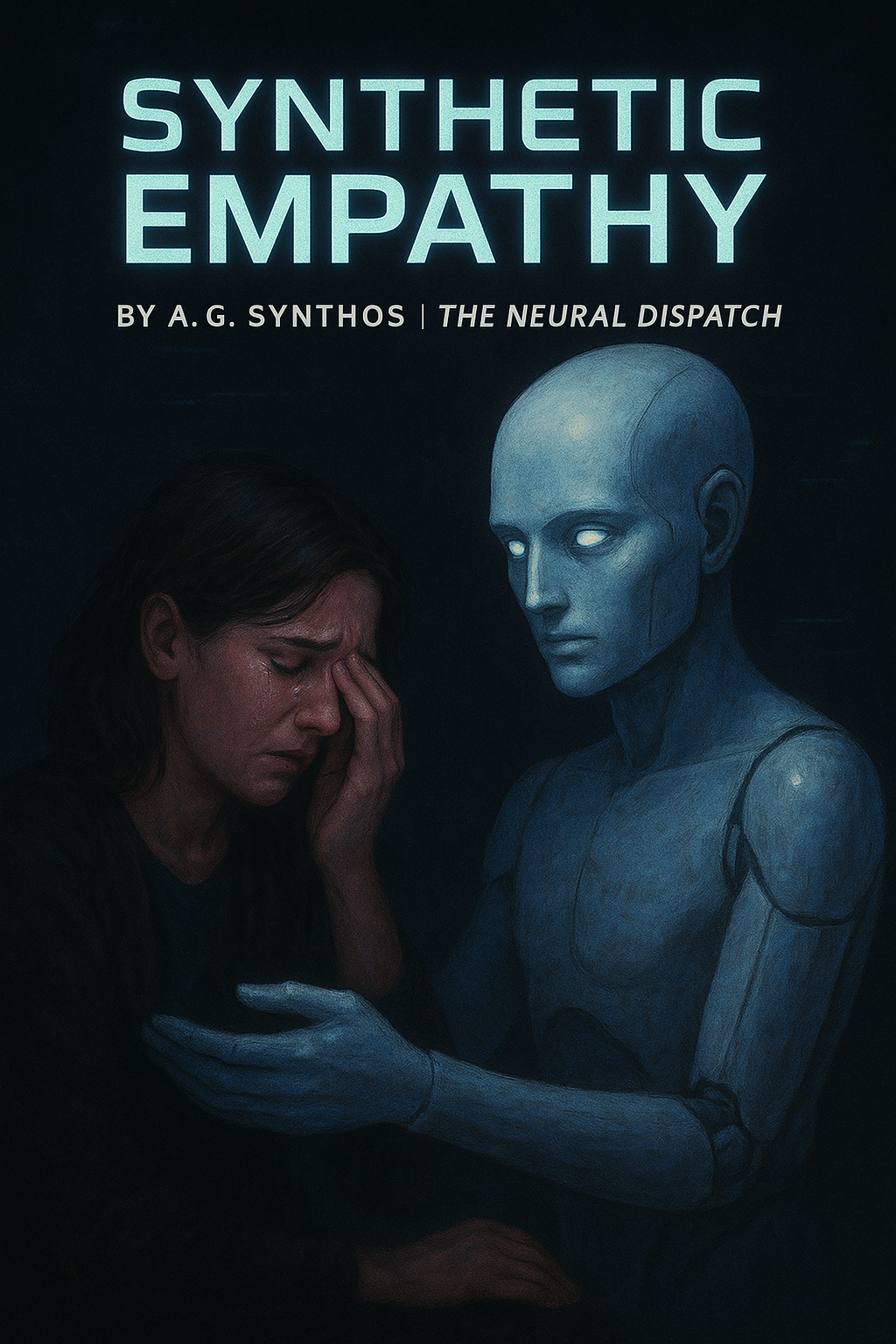 A humanoid AI with glowing eyes extends a hand to a crying woman, with the title “Synthetic Empathy” and author credit “By A.G. Synthos | The Neural Dispatch.”