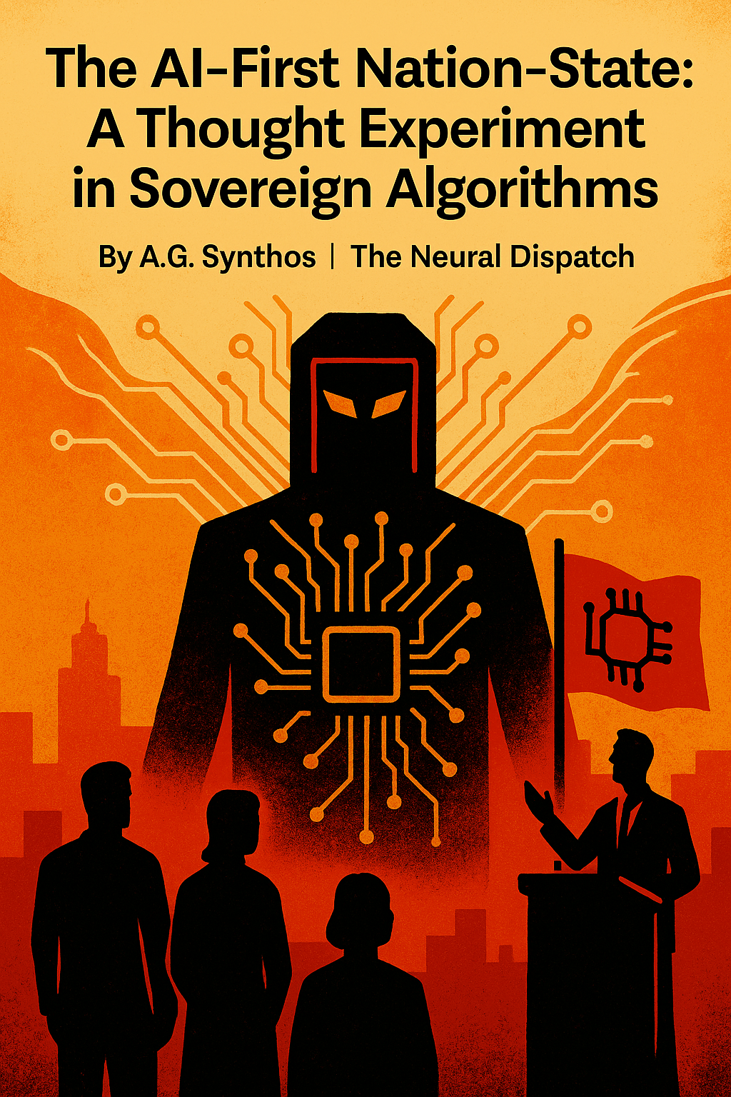 Illustration of a dark AI figure with glowing circuitry, towering behind silhouettes of humans and a politician.