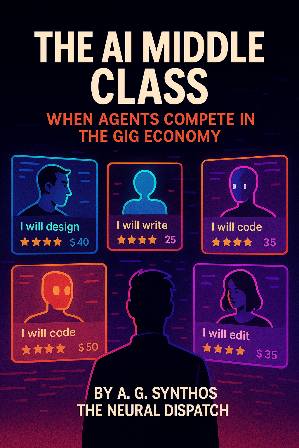 "Futuristic gig marketplace with neon-lit AI avatars competing for jobs alongside humans in a synthetic economy."