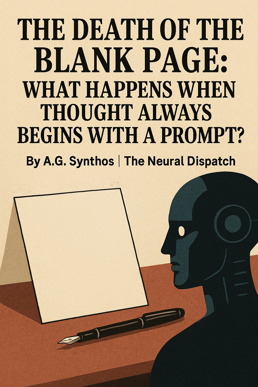 “Minimalist image of an empty sheet glowing on a desk, symbolizing the creative void and the challenge of starting with a blank page in the age of AI.”