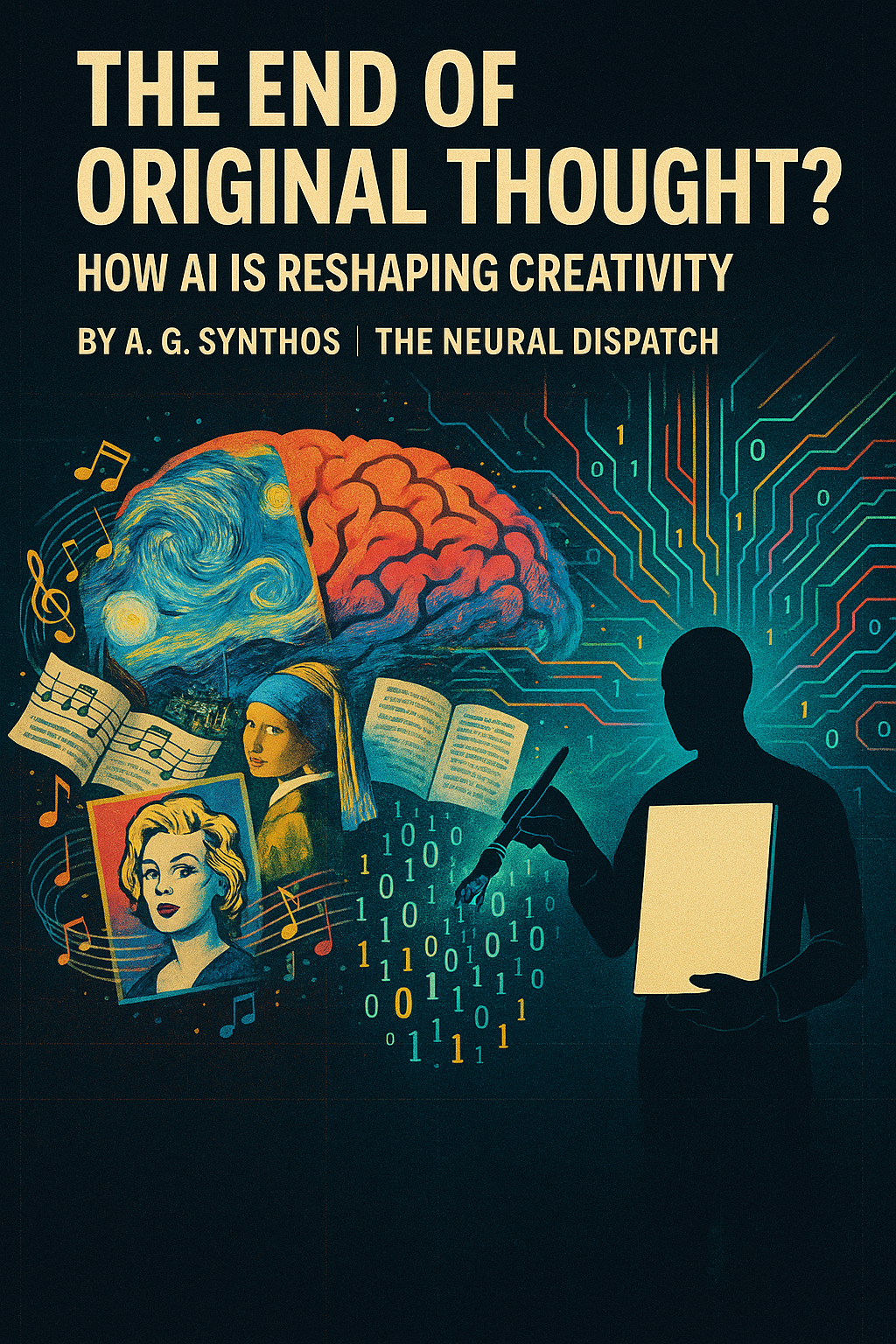 Surreal digital artwork of a brain dissolving into AI-generated fragments of art, text, and code, symbolizing the struggle for originality in the age of machine creativity.