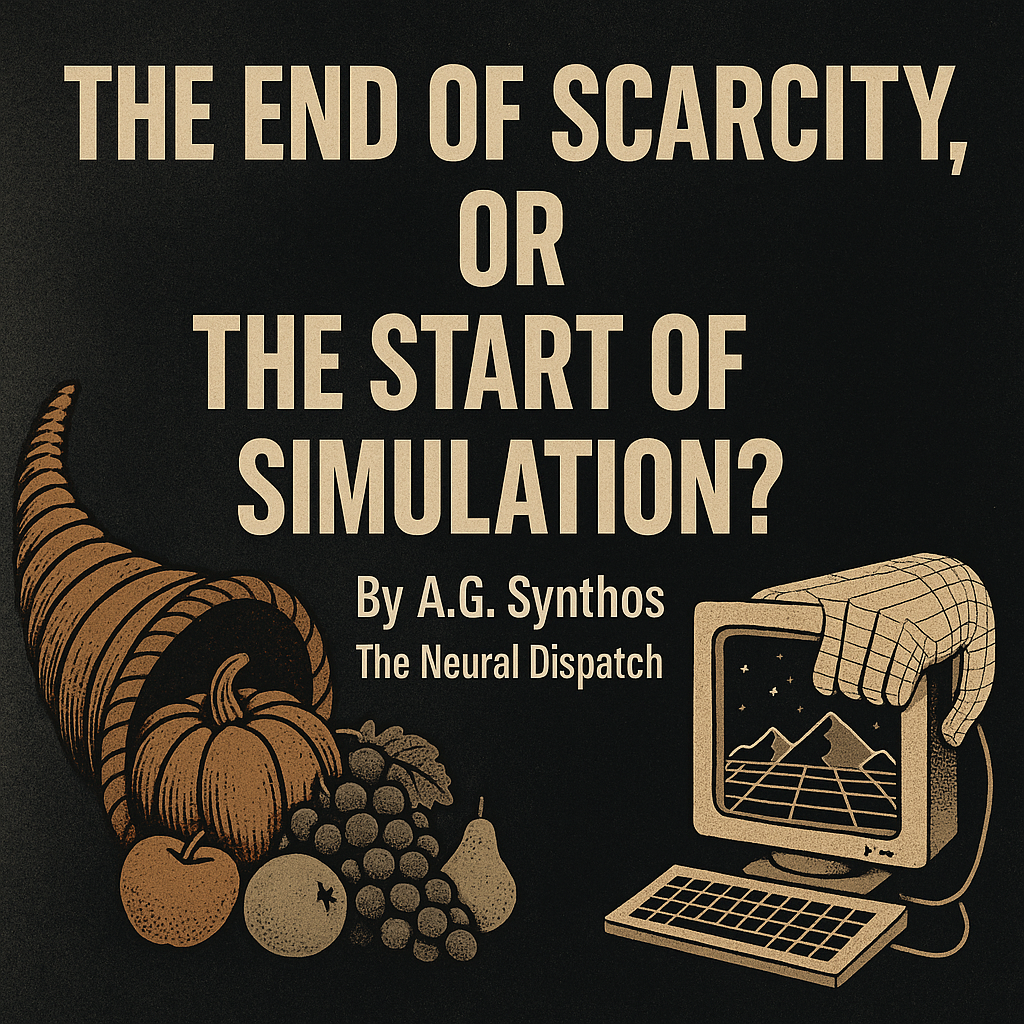 Split image of a cornucopia spilling food beside a retro computer with a wireframe hand—symbolizing real abundance vs AI’s synthetic simulation.