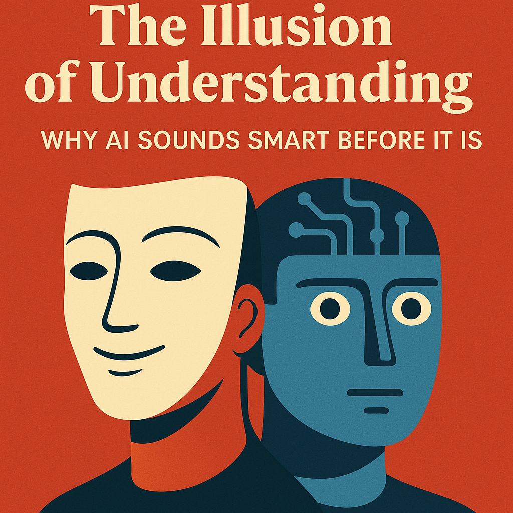 “Silhouette of a robot speaking confidently while its thought bubble reveals empty scaffolding, symbolizing AI’s illusion of understanding.”