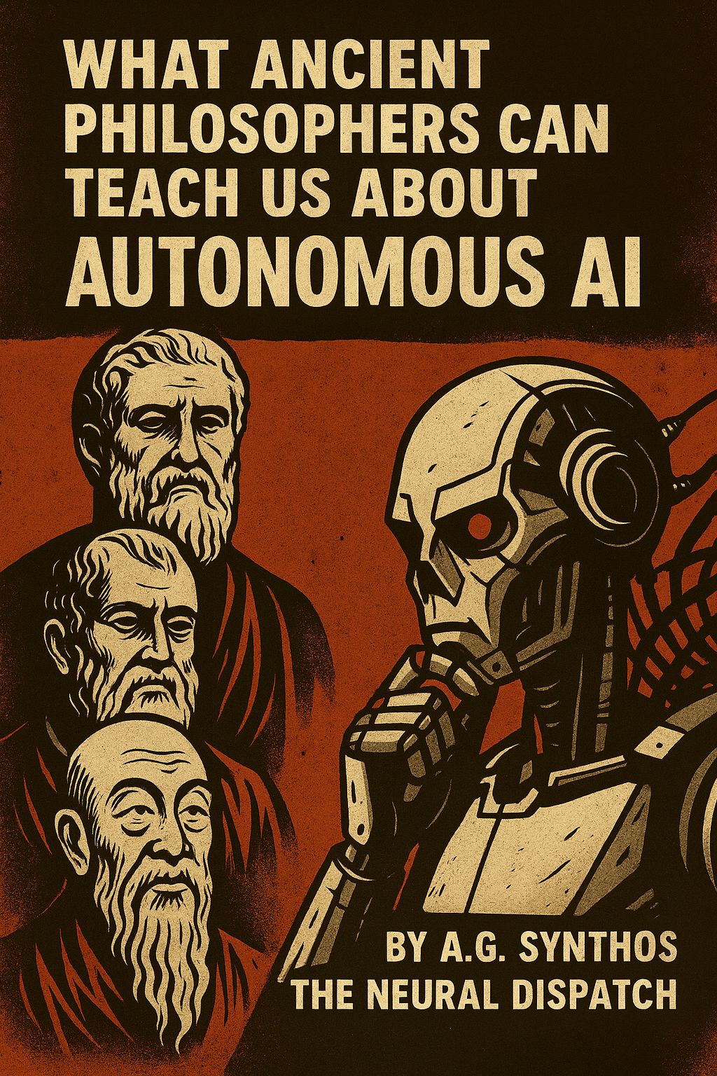 “Marble busts of Plato, Aristotle, and Laozi overlaid with digital circuits, symbolizing ancient philosophers guiding the ethics of autonomous AI.”