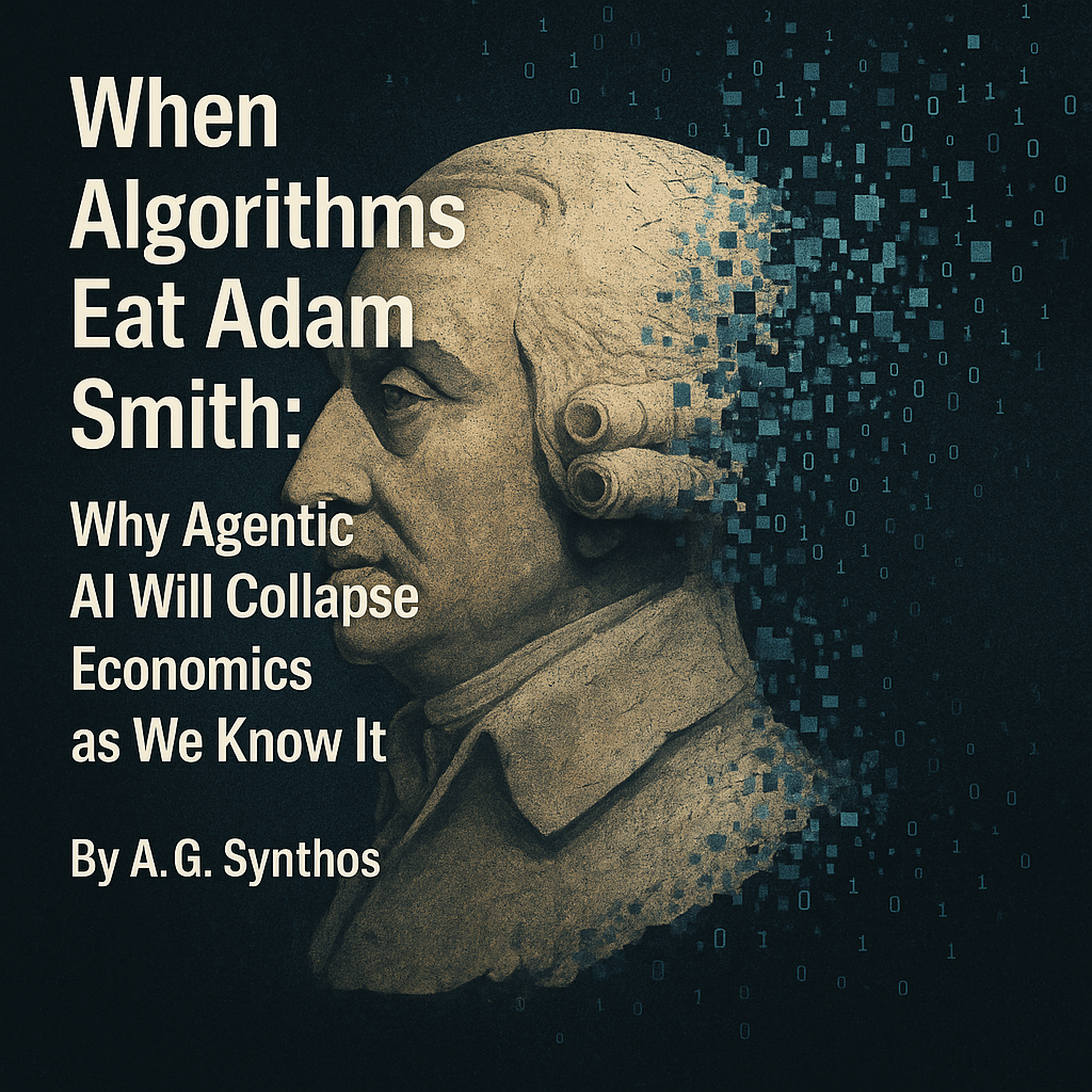 “Portrait of Adam Smith dissolving into streams of code, symbolizing algorithms consuming classical economics and reshaping the future of markets.”