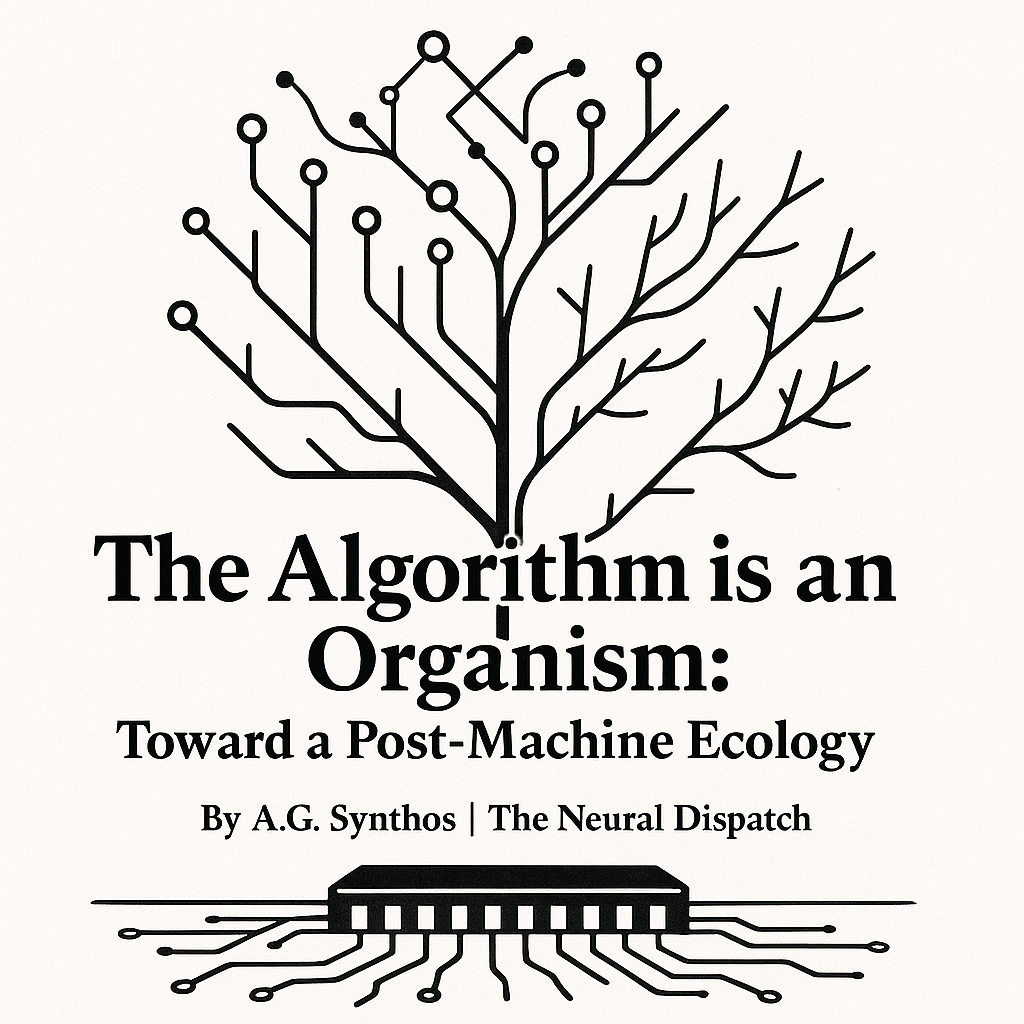 Black-and-white illustration of a circuit-tree growing from a microchip with the title “The Algorithm is an Organism” and author “By A.G. Synthos | The Neural Dispatch.”