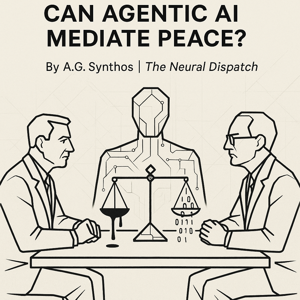 Kafkaesque line-art of two diplomats with an abstract AI figure between them, holding a binary-and-ink balance. Title and author text appear above and below.