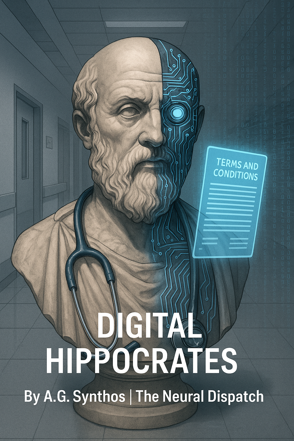 Marble bust of Hippocrates fused with a circuit board, stethoscope morphing into fiber-optic cables, holographic contract glowing in a digital hospital.