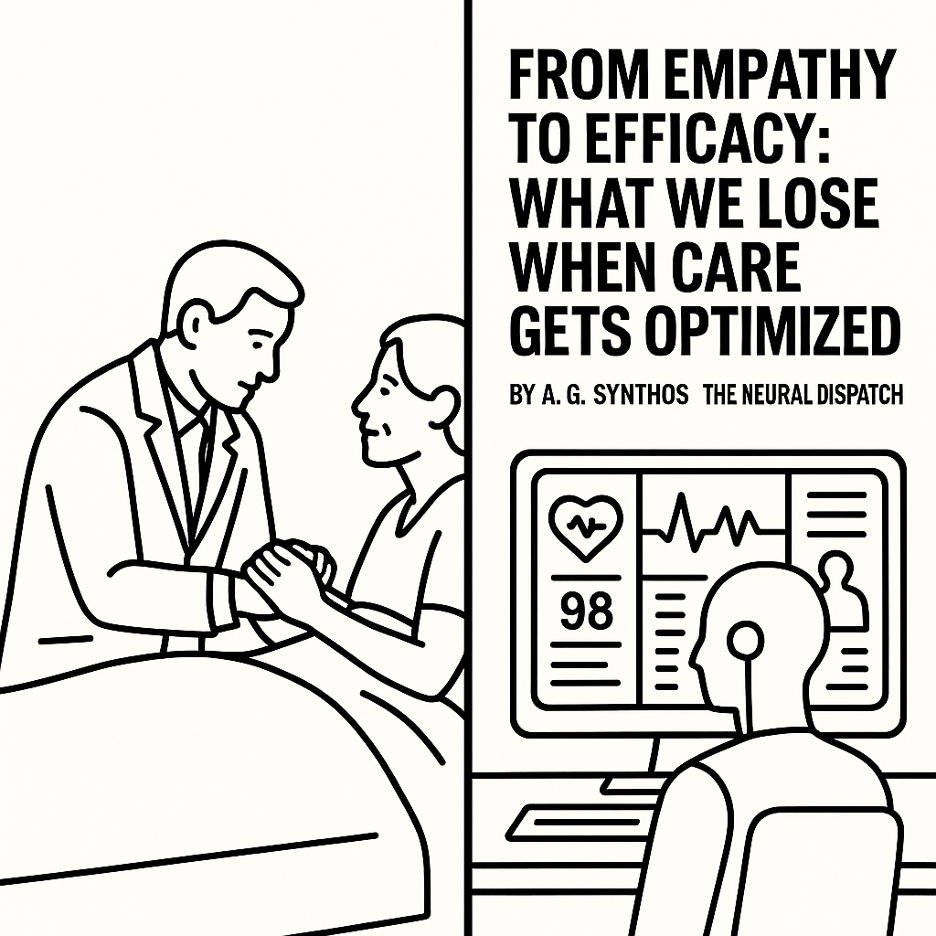 Split scene: human doctor offering comfort vs. AI dashboard delivering clinical metrics. Symbolizes the loss of empathy when care is reduced to optimization.