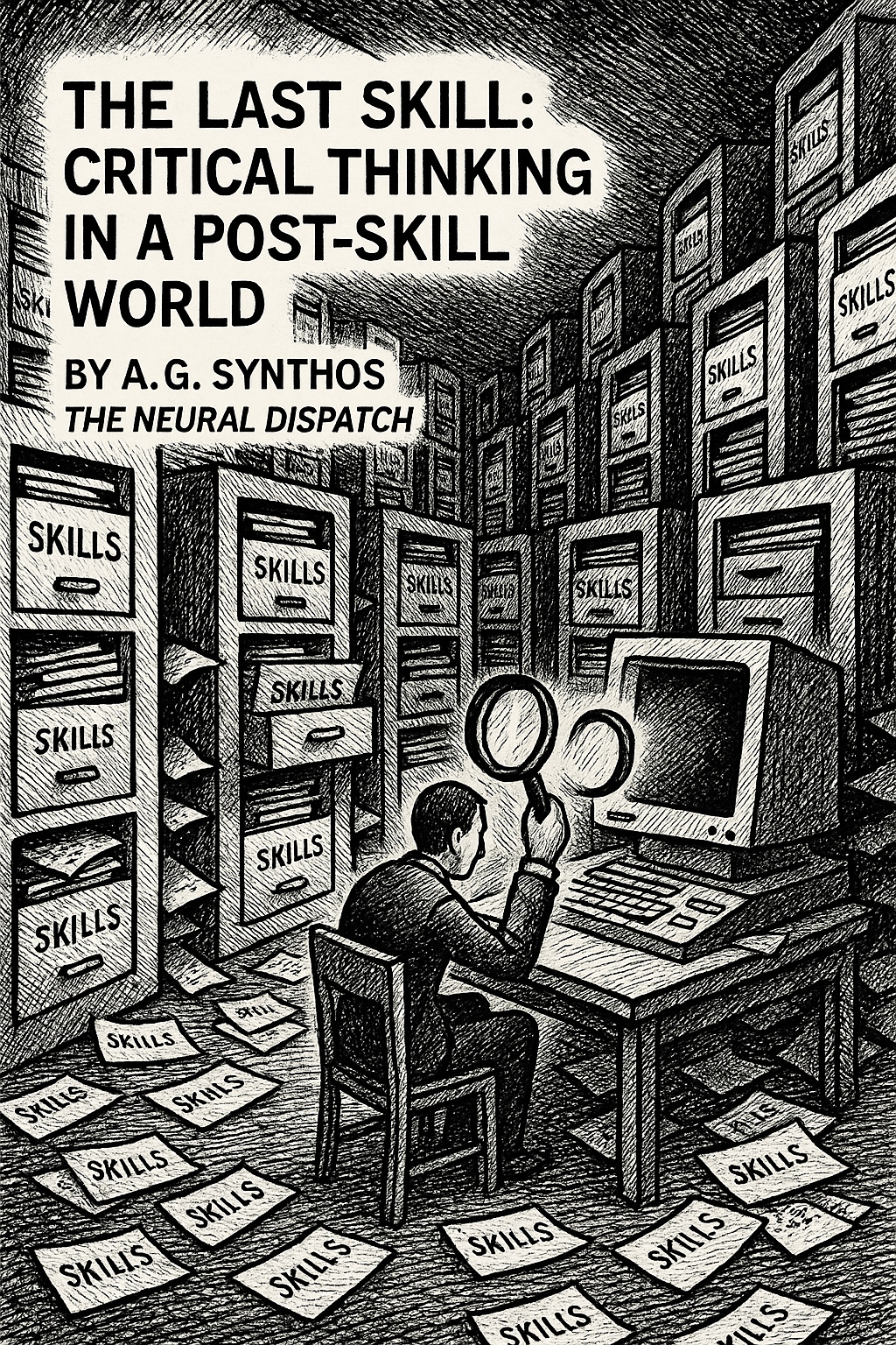 Kafkaesque illustration of a human at a desk surrounded by endless AI terminals labeled “Skills,” holding a magnifying glass to the machine. Title and author overlaid.