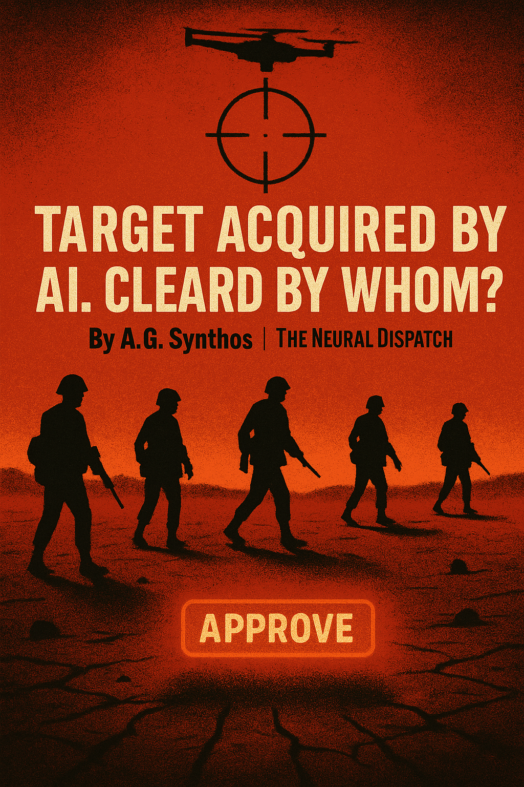 Kafkaesque battlefield with a drone’s crosshair as a sun, faceless soldiers, and a glowing “Approve” button symbolizing AI war accountability.
