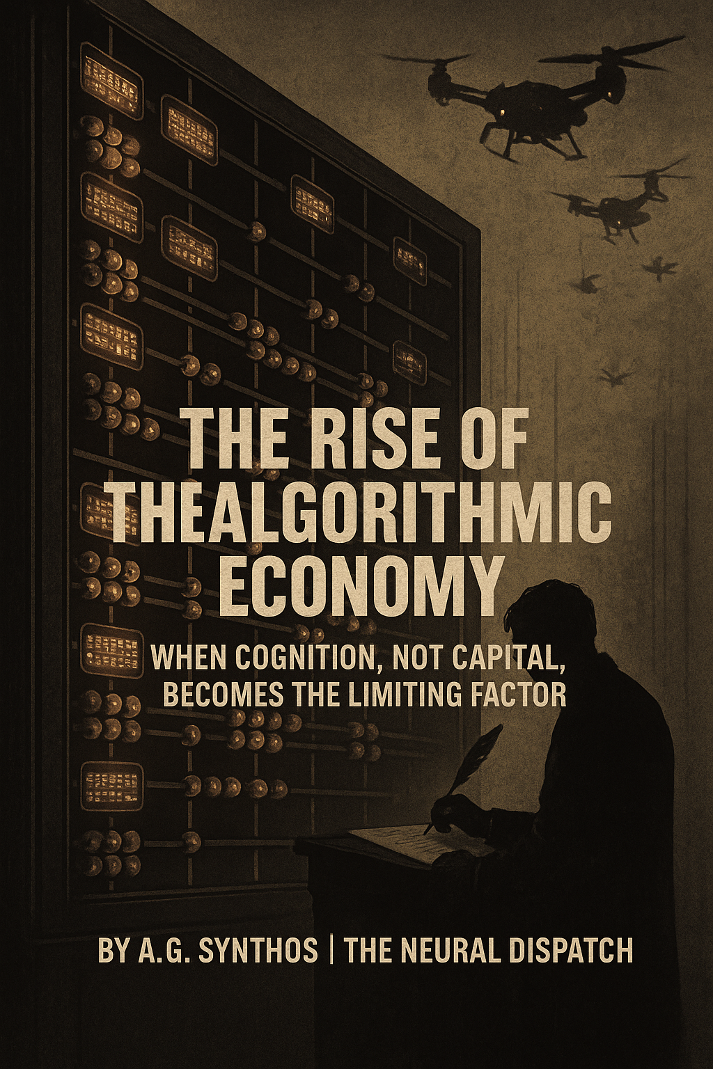 Kafkaesque illustration of a giant GPU-powered abacus with glowing data beads, a small human clerk writing futilely, and drones looming as auditors of the algorithmic economy.