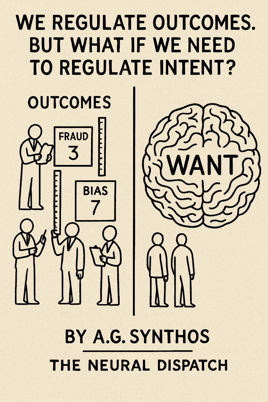 Kafkaesque black-and-white illustration of regulators tallying AI outcomes on one side, while a looming brain marked “WANT” symbolizes hidden machine intent.