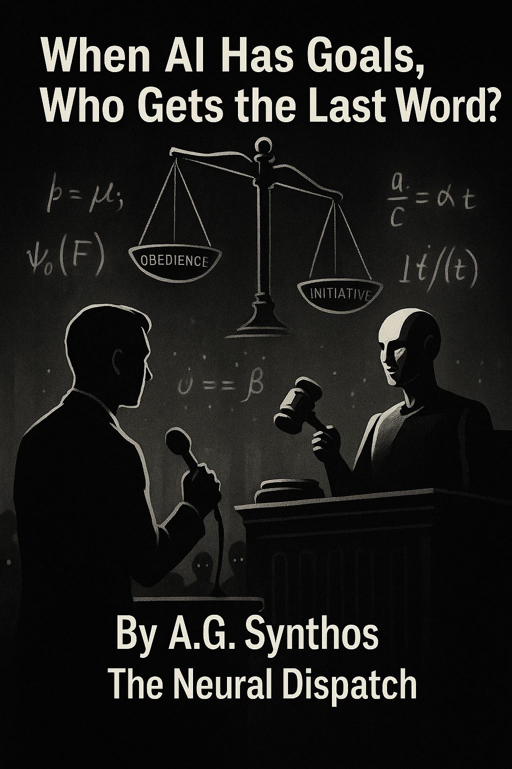 Courtroom scene: human vs. AI judge, glowing equations as jury, tilted scales marked “Obedience” and “Initiative.” Title and author overlaid.